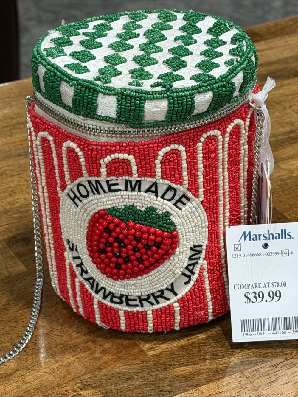 Marshalls Red White and Green Beaded Strawberry Cylinder Crossbody